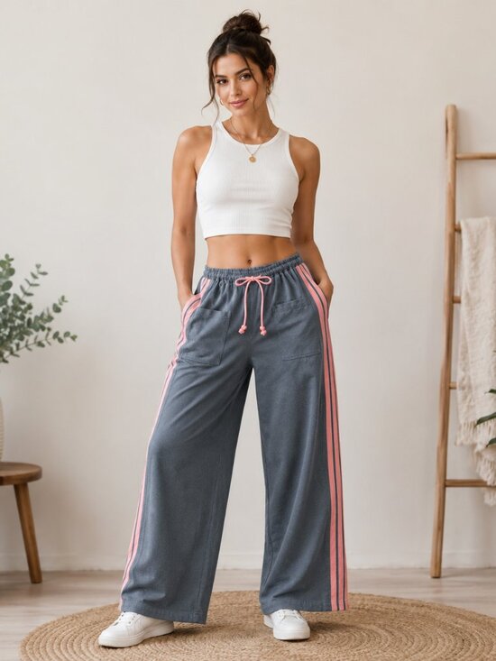 LOMON Pants - Y2K Side Stripe Wide Leg Track Pants Sporty Retro Athleisure Gray Pink